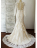 Long Sleeves Ivory Lace Beaded Wedding Dress With Champagne Lining